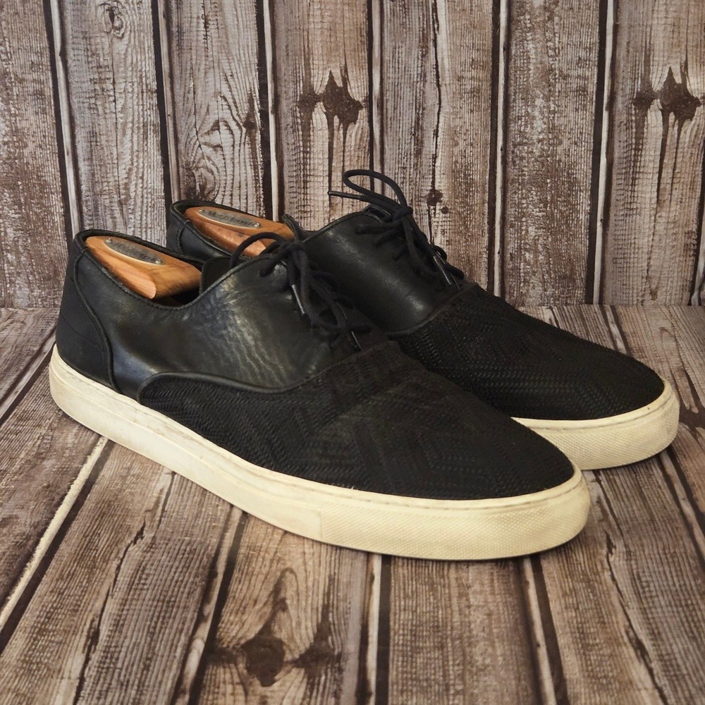 Sz 45 / 12 Mens Filling Pieces Low Top Black Leather Woven Sneakers Shoes - Picture 3 of 9